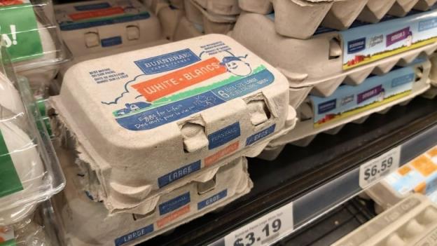 Several cartons of eggs on a grocery store's shelves.