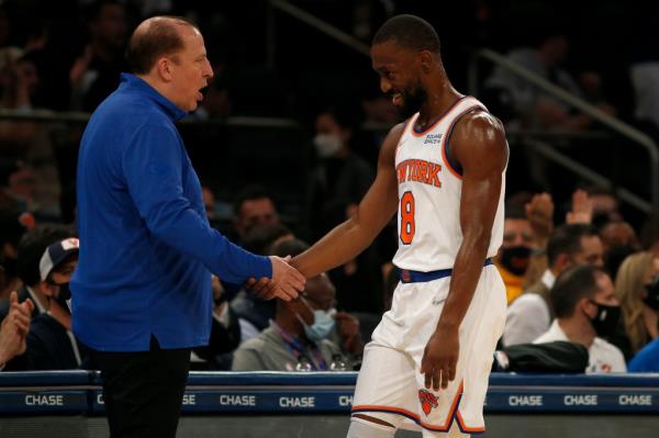 Knicks coach Tom Thibodeau and Kemba Walker, during a game agains the Pacers at Madison Square Garden on Oct. 5, 2021.