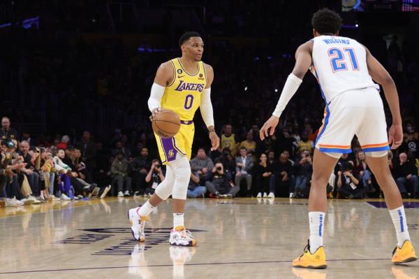 Russell Westbrook (0) of the Los Angeles Lakers dribbles against the Oklahoma City Thunder on Feb. 7, 2023 at Crypto.Com Arena in Los Angeles.