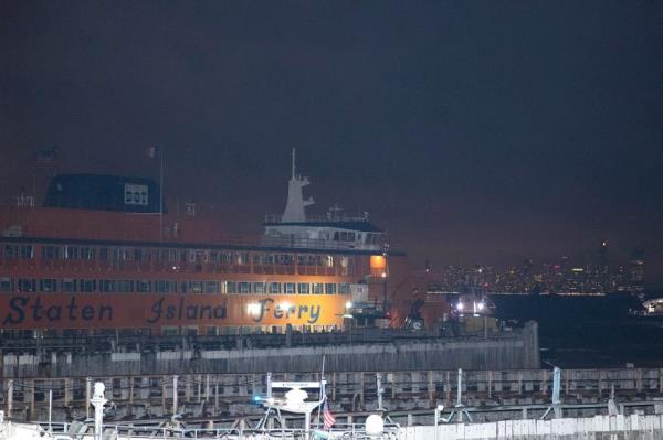 The ferry that had the engine fire is seen docked at the terminal in Staten Island.