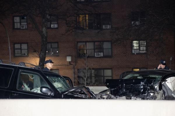 Both crumpled cars are seen after the deadly wrong-way crash on the Belt Parkway.