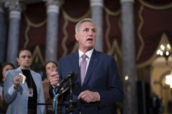 pictured is House Speaker Kevin McCarthy speaking to reporters on April 26.