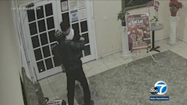Surveillance images from Lai Lai Ballroom in Monterey, Cali., show a struggle between a gunman Huu Can Tran, and a civilian Brandon Tsay.