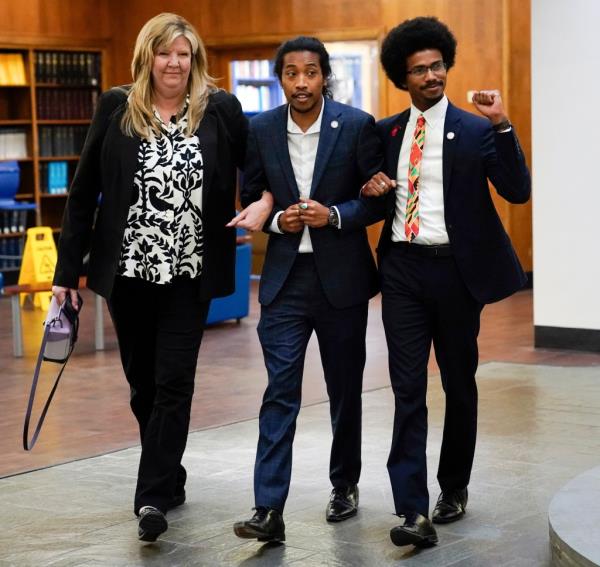 Gloria Johnson, D-Knoxville, left, Justin Jones, center, and Justin Pearson arrive at Fisk University.