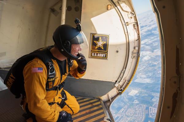 Sgt. First Class Michael “Ty” Kettenhofen, who died of injuries from  a parachute jump, seen at the open door of a plane in flight