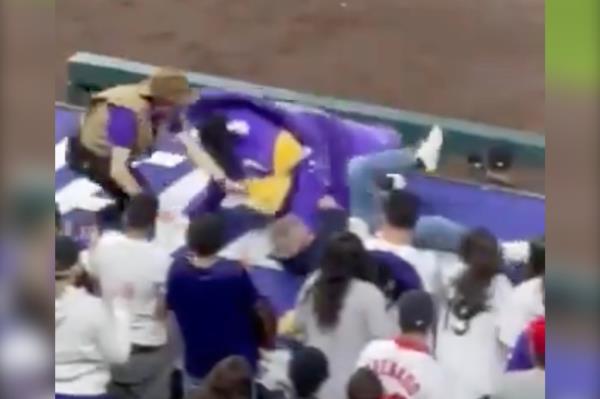 The purple triceratops struggled against the fan, who was pushing the mascot toward the platform's ledge, before falling on top of the assailant.