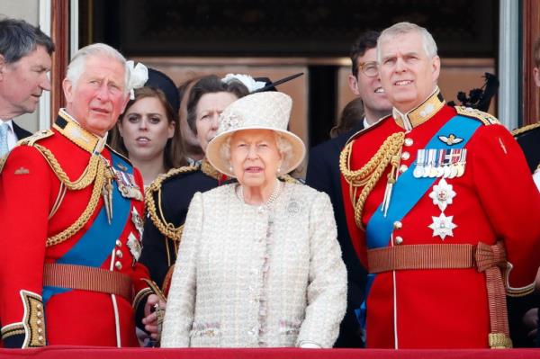 Prince Charles, Prince of Wales, Queen Elizabeth II and Prince Andrew, Duke of York watch a flypast from the balcony of Buckingham Palace during Trooping The Colour, the Queen's annual birthday parade, on June 8, 2019 in London, England.