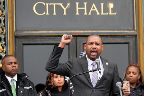 Supervisor Shamann Walton speaks at a reparations rally outside of City Hall in San Francisco, Tuesday, March 14, 2023. 