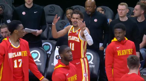 Trae Young reacts after being issues with a technical foul during the Haw's win over the Pacers on March 25.