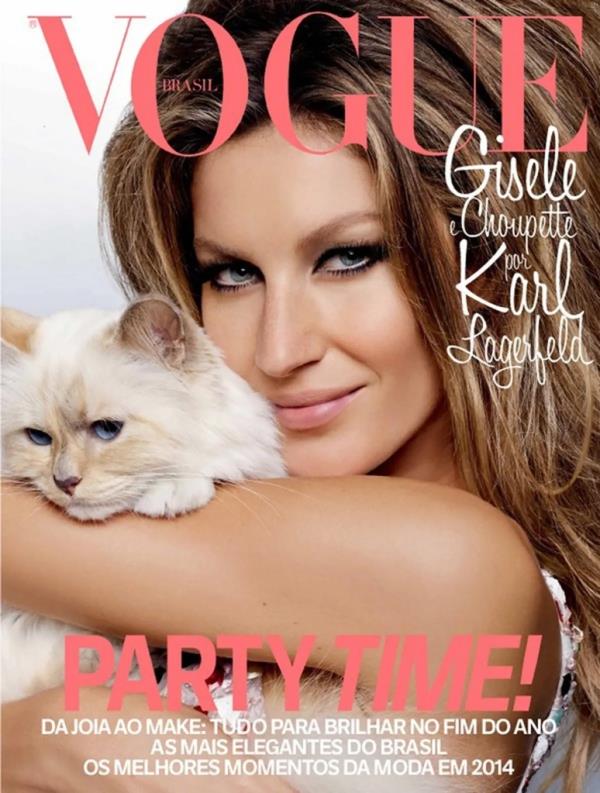 Gisele Bundchen on the cover of Vogue Brazil with Choupette.