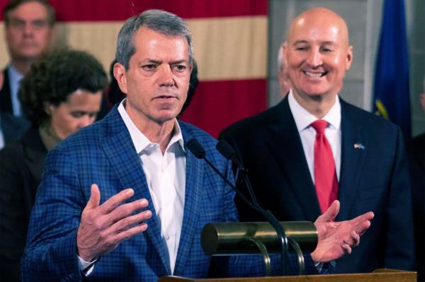 Governor Jim Pillen, left, announces the appointment of former governor Pete Ricketts, right, to Nebraska's open senate seat, on Thursday, Jan. 12, 2023, at Nebraska State Capitol in Lincoln.