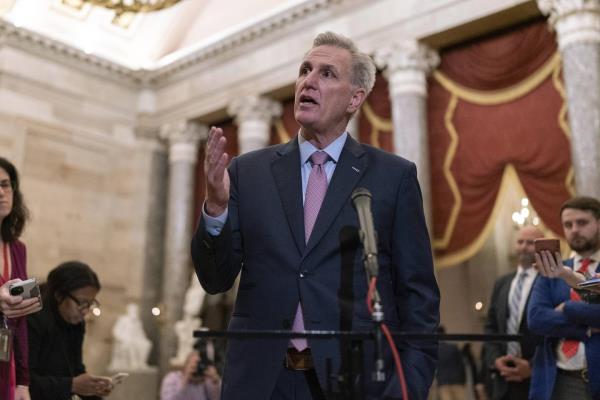 Newly-elected Speaker of the House Kevin McCarthy, R-Calif., talks to reporters after a co<em></em>ntentious battle to lead the GOP majority in the 118th Congress, at the Capitol in Washington, Saturday, Jan. 7, 2023.