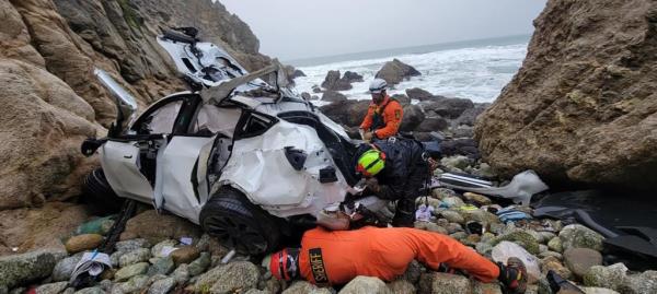Wreckage of Tesla after plunge