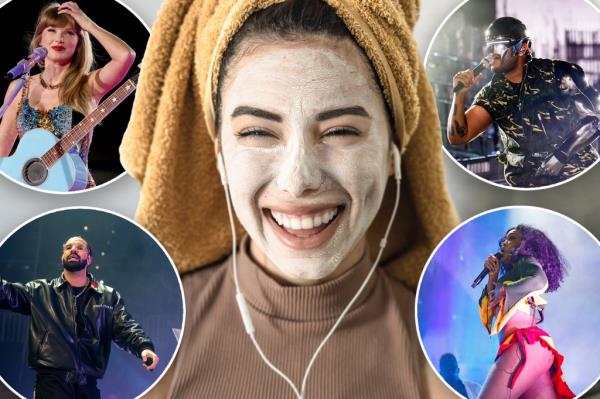 (Center) A happy woman performing her skincare routine. (Top Left) Taylor Swift. (Top Right) The Weekend. (Bottom Left) Drake. (Bottom Right) SZA. 