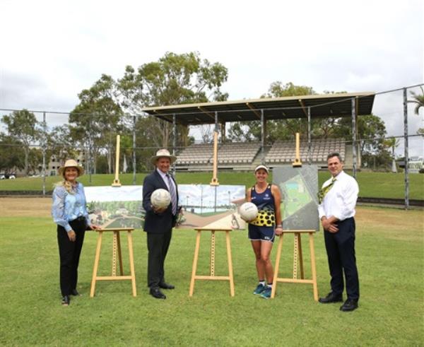 Cr Rutherford, Mayor Williams, Netball Rockhampton Simone Hitchcock, CQU Prof Grant Stanley with Netballs