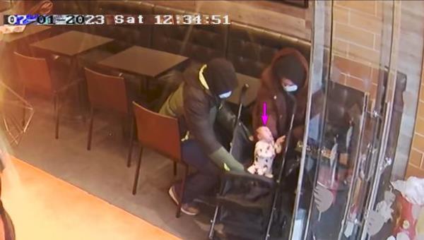 CCTV footage of Co<em></em>nstance Marten, Mark Gordon and baby Victoria in a German do<em></em>ner kebab shop in East Ham , London, which was shown in court during their trial