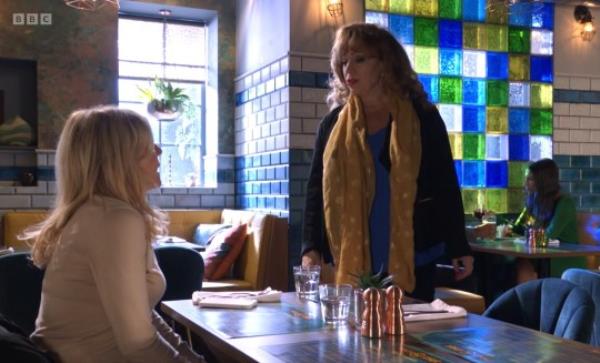 Cindy and Elaine meet for dinner at Walford East in EastEnders
