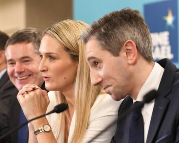 Fine Gael ministers Paschal Donohoe, Helen McEntee, and Simon Harris at the party's special co<em></em>nference on Saturday in the Glen Royal Hotel, Maynooth. Picture: Douglas O'Co<em></em>nnor 