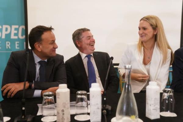Party leader and Taoiseach Leo Varadkar with Public Expenditure Minister Paschal Do<em></em>nohoe and Justice Minister Helen McEntee during Fine Gael's special co<em></em>nference in Maynooth, Co Kildare. Picture: Brian Lawless/PA