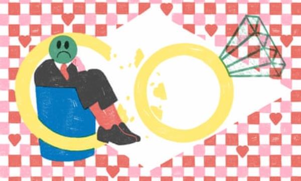 Illustration of a man in a bin with a sad face emoji over his own next to an illustration of a diamond ring.