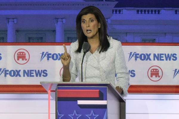 Former U.N. Ambassador Nikki Haley speaks during a Republican presidential primary debate hosted by FOX News Channel, Wednesday, Aug. 23, 2023, in Milwaukee.