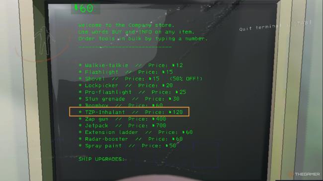 A screenshot from Lethal Company showing the Terminal's Store, with the TZP-Inhalant being highlighted. It has a price of 120 credits