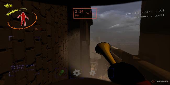 A screenshot from Lethal Company showing a character holding the Clown Horn on stairs