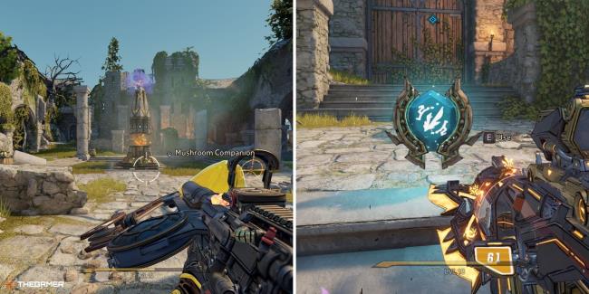 tiny tina's wo<em></em>nderlands - dungeon door obelisk on left, shrine piece on right