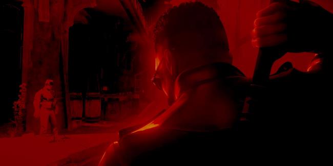 Blade looking at a guard in Dishonored. The whole image has a deep red tint.