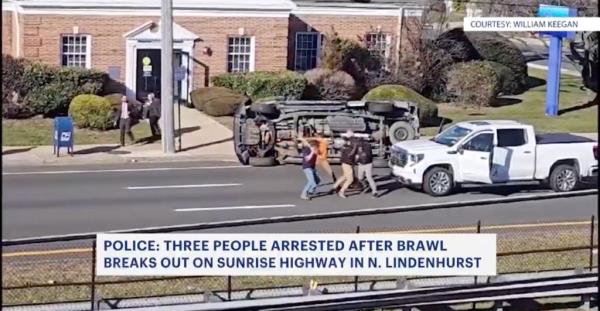 A large brawl was caught on camera on Sunrise Highway in North Lindenhurst
