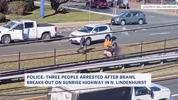 A large brawl was caught on camera on Sunrise Highway in North Lindenhurst