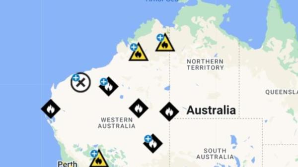 Assignment Freelance Picture A map of bushfires burning across WA on Saturday. Picture: Supplied/DFES.