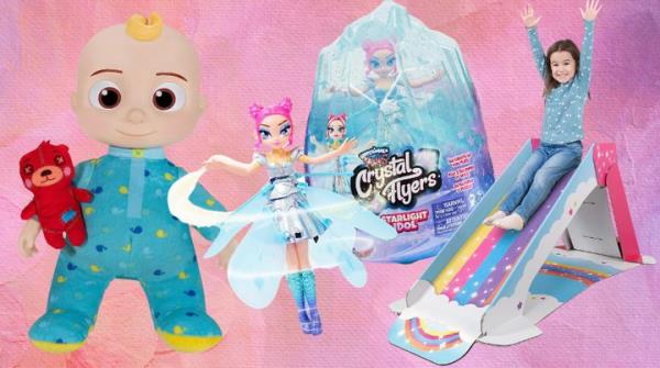 A Cocomelon bedtime doll,Hatchimals Pixies and an indoor slide.