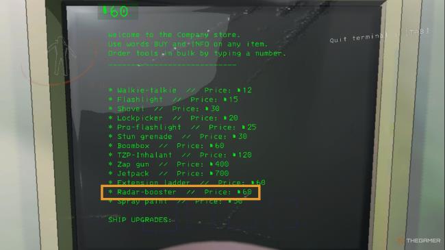 A screenshot from Lethal Company showing the terminal's store items, with Radar-Booster being highlighted