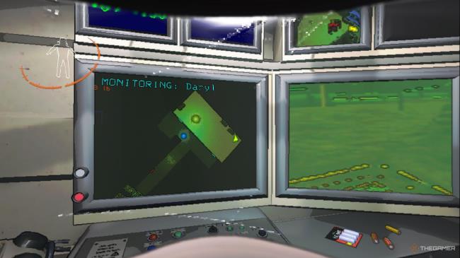 A screenshot from Lethal Company showing the two mo<em></em>nitors on the ship, with one of them showing the Radar Booster named Daryl. On that screen, treasure can be seen beyond a wall.