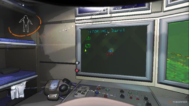 A screenshot from Lethal Company showing the Radar Monitor, with the Radar Booster being seen statio<em></em>nary on the screen with a small area of light around it. Darkened halls can be seen branching around it.