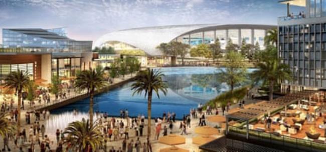 The Los Angeles Rams play in a $5bn, 70,240-capacity complex that boasts an artificial lake, a 6,000-seat theatre and space for millions of square feet of offices, hotels, shops, restaurants and apartments.
